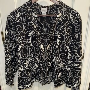 Chico's Linen Blend Black Ivory Floral Embroidered Jacket Size 3 XL - 16/18